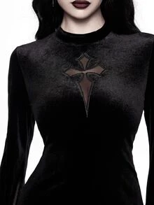ROMWE Women's Short Cross Mesh A-Line Flare Sleeve Velvet Fabric Gothic Dress - Black - View 2