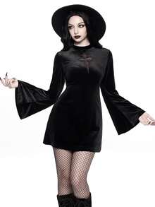 ROMWE Women's Short Cross Mesh A-Line Flare Sleeve Velvet Fabric Gothic Dress - Black - View 1