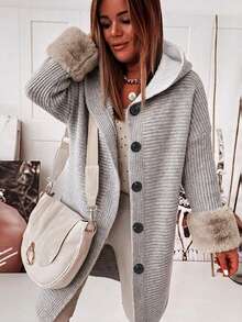 Zayélia Women's Dropped Shoulder Long Sleeve Single-Breasted Patchwork Faux Fur Cuff Hooded Regular Jacket - Multicolor - View 4