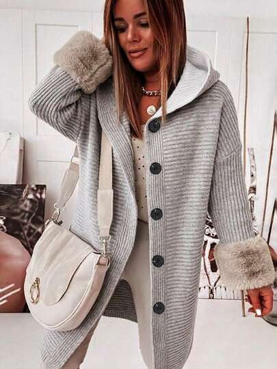 Zayélia Women's Dropped Shoulder Long Sleeve Single-Breasted Patchwork Faux Fur Cuff Hooded Regular Jacket