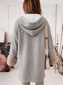 Zayélia Women's Dropped Shoulder Long Sleeve Single-Breasted Patchwork Faux Fur Cuff Hooded Regular Jacket - Multicolor - View 2