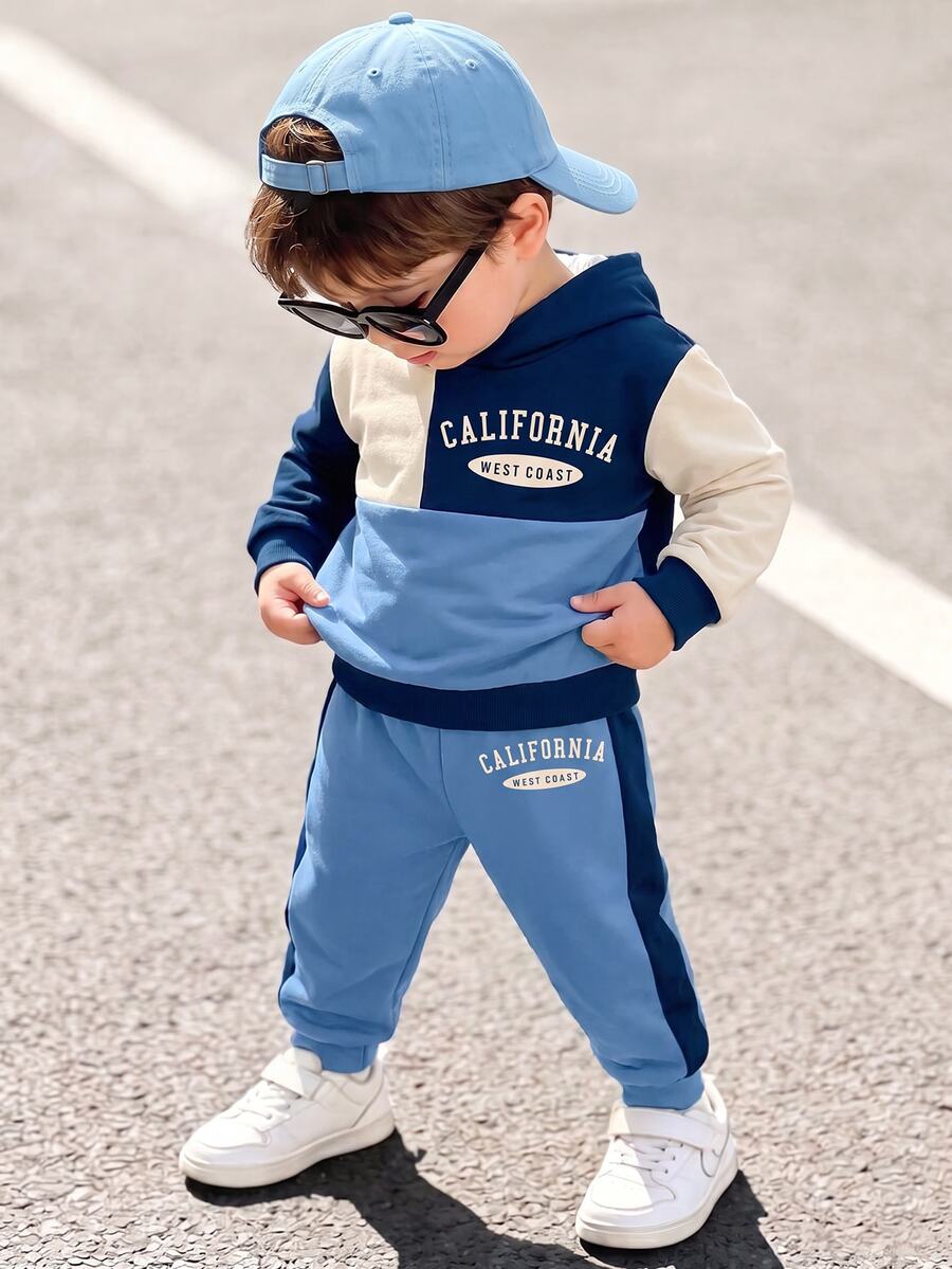 Infant/Toddler Hooded Long Sleeve Sweatshirt & Long Pants Casual Comfortable Set, Classic Retro Color Block Pattern Print, Classic Travel City Los Angeles Text Pattern Print, Suitable For Autumn/Winter, Suitable For Back To School Season - Multicolor - View 1
