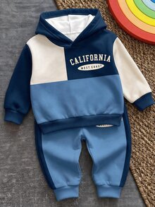 Infant/Toddler Hooded Long Sleeve Sweatshirt & Long Pants Casual Comfortable Set, Classic Retro Color Block Pattern Print, Classic Travel City Los Angeles Text Pattern Print, Suitable For Autumn/Winter, Suitable For Back To School Season - Multicolor - View 3