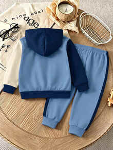 Infant/Toddler Hooded Long Sleeve Sweatshirt & Long Pants Casual Comfortable Set, Classic Retro Color Block Pattern Print, Classic Travel City Los Angeles Text Pattern Print, Suitable For Autumn/Winter, Suitable For Back To School Season - Multicolor - View 4