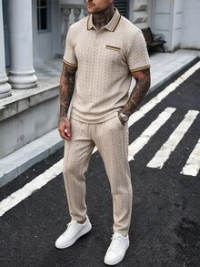 Manfinity CasualCool Men's Colorblock Short Sleeve Polo Shirt And Long Pants Casual Daily Outfit - Khaki - View 1