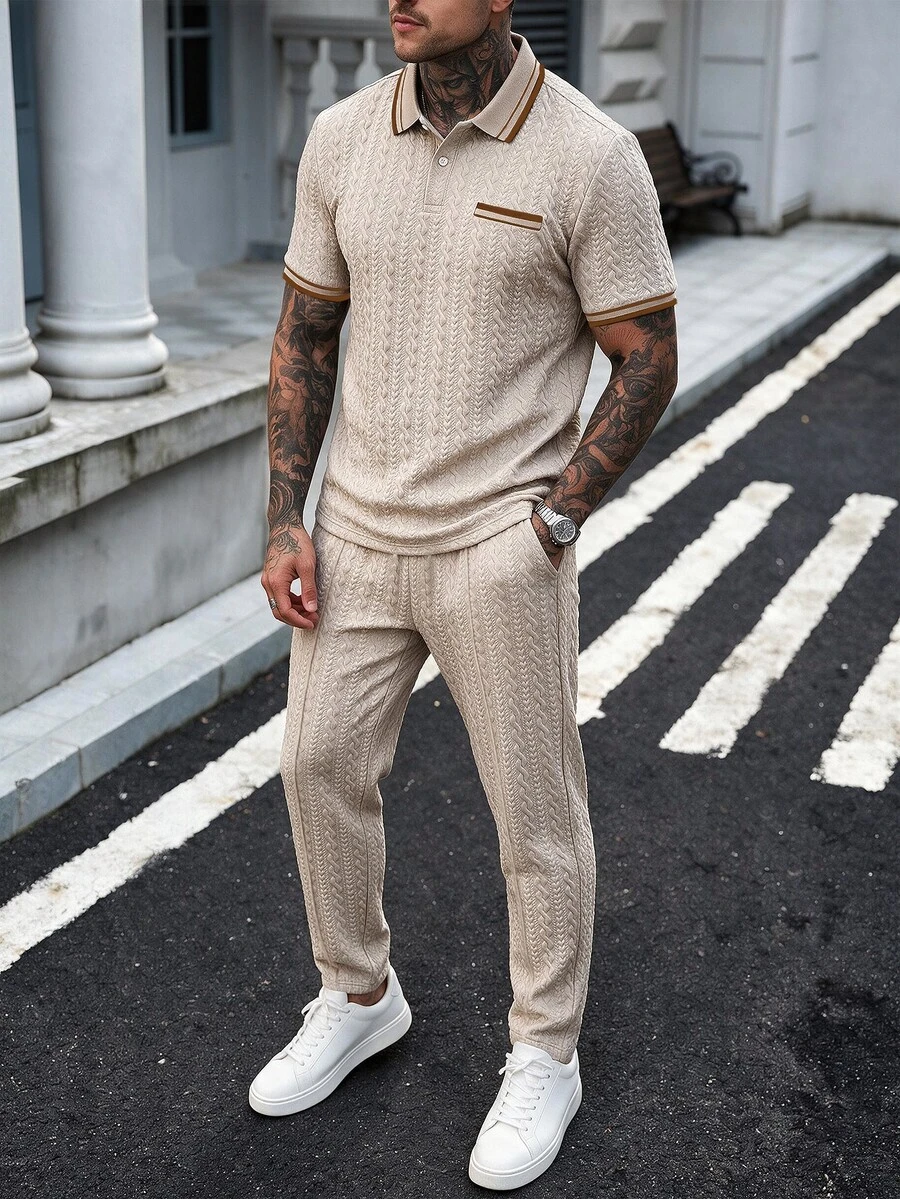 Manfinity CasualCool Men's Colorblock Short Sleeve Polo Shirt And Long Pants Casual Daily Outfit - Khaki - View 1