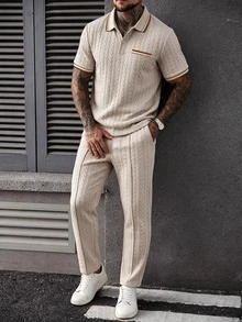 Manfinity CasualCool Men's Colorblock Short Sleeve Polo Shirt And Long Pants Casual Daily Outfit - Khaki - View 5