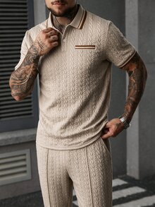 Manfinity CasualCool Men's Colorblock Short Sleeve Polo Shirt And Long Pants Casual Daily Outfit - Khaki - View 4