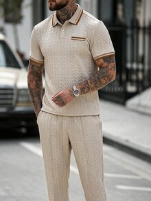 Manfinity CasualCool Men's Colorblock Short Sleeve Polo Shirt And Long Pants Casual Daily Outfit - Khaki - View 3