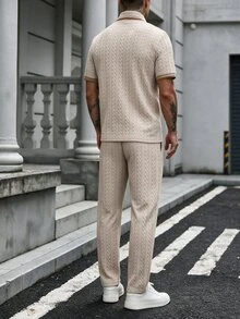 Manfinity CasualCool Men's Colorblock Short Sleeve Polo Shirt And Long Pants Casual Daily Outfit - Khaki - View 2