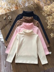 SHEIN Young Girl 4件組女童高領羅紋針織休閒T恤，高領上衣，女孩秋季服飾，適合日常休閒穿著 - 彩色 - 查看 10