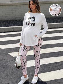 Lyckli Betty Boop x SHEIN Maternity Cartoon Print Split Hem T-Shirt And Adjustable Waist Fitted Leggings 2 Pieces Set - Pink - View 1
