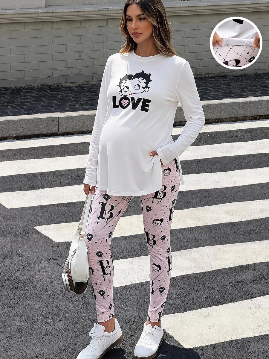 Lyckli Betty Boop x SHEIN Maternity Cartoon Print Split Hem T-Shirt And Adjustable Waist Fitted Leggings 2 Pieces Set - Pink - View 1
