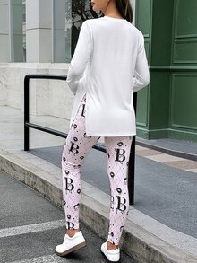 Lyckli Betty Boop x SHEIN Maternity Cartoon Print Split Hem T-Shirt And Adjustable Waist Fitted Leggings 2 Pieces Set - Pink - View 2