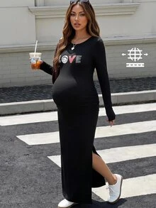 Lyckli Betty Boop x SHEIN Maternity Casual Letter Embossed Side Slit Dress, Autumn Fall - Black - View 1