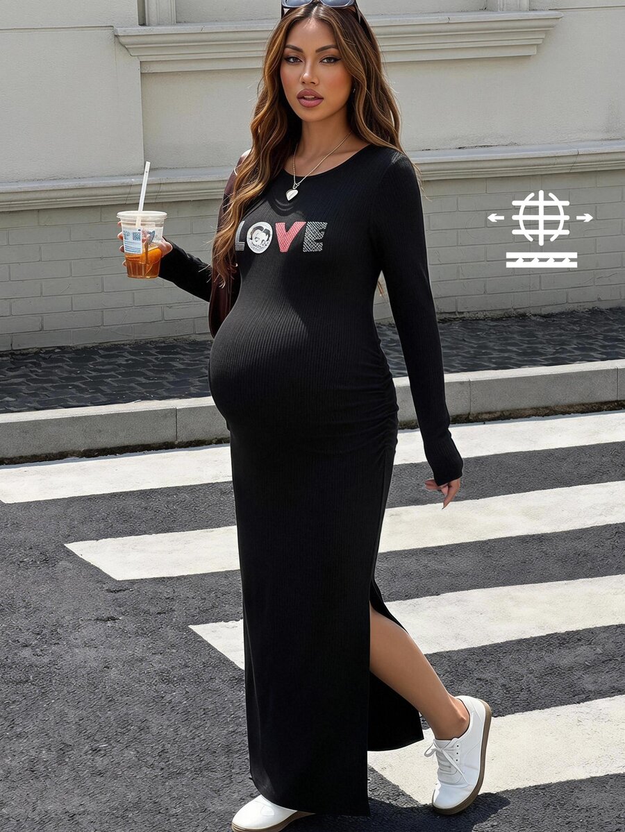 Lyckli Betty Boop x SHEIN Maternity Casual Letter Embossed Side Slit Dress, Autumn Fall - Black - View 1