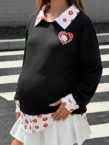 Lyckli Betty Boop x SHEIN Sweatshirt Hamil 2 in 1 Motif Bibir Merah Patchwork Musim Dingin - Hitam - View 1