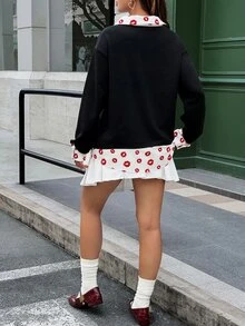 Lyckli Betty Boop x SHEIN Sweatshirt Hamil 2 in 1 Motif Bibir Merah Patchwork Musim Dingin - Hitam - View 2