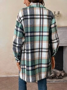 SHEIN LUNE 女款休閒復古70年代復古長袖格紋保暖襯衫式外套，適合秋季日常旅行，白色 - 彩色 - 查看 7