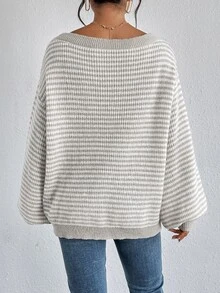 SHEIN LUNE كنزة صوفية كنزة ذات أكمام فانوس وأكتاف مكشوفة بنمط مخطط، ملابس علوية أكمام طويلة، كنزة أكتاف مكشوفة للخريف/الشتاء، كاجوال - متعدد الألوان - مشاهدة 7