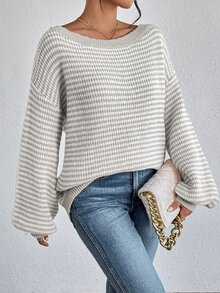 SHEIN LUNE كنزة صوفية كنزة ذات أكمام فانوس وأكتاف مكشوفة بنمط مخطط، ملابس علوية أكمام طويلة، كنزة أكتاف مكشوفة للخريف/الشتاء، كاجوال - متعدد الألوان - مشاهدة 4