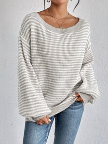 SHEIN LUNE كنزة صوفية كنزة ذات أكمام فانوس وأكتاف مكشوفة بنمط مخطط، ملابس علوية أكمام طويلة، كنزة أكتاف مكشوفة للخريف/الشتاء، كاجوال - متعدد الألوان - مشاهدة 5
