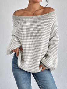 SHEIN LUNE كنزة صوفية كنزة ذات أكمام فانوس وأكتاف مكشوفة بنمط مخطط، ملابس علوية أكمام طويلة، كنزة أكتاف مكشوفة للخريف/الشتاء، كاجوال - متعدد الألوان - مشاهدة 6