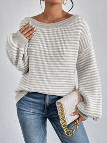 SHEIN LUNE كنزة صوفية كنزة ذات أكمام فانوس وأكتاف مكشوفة بنمط مخطط، ملابس علوية أكمام طويلة، كنزة أكتاف مكشوفة للخريف/الشتاء، كاجوال - متعدد الألوان - مشاهدة 3