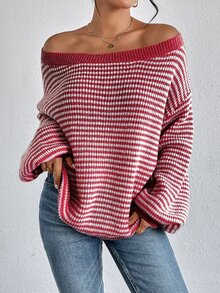 SHEIN LUNE Women's Striped Printed Turtleneck Pullover Sweater,Long Sleeve Tops,Off The Shoulder Sweater In Fall/Winter,Casual - Multicolor - View 8