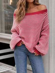 SHEIN LUNE Women's Striped Printed Turtleneck Pullover Sweater,Long Sleeve Tops,Off The Shoulder Sweater In Fall/Winter,Casual - Multicolor - View 1
