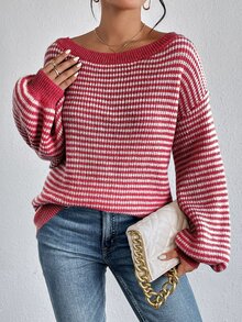 SHEIN LUNE Women's Striped Printed Turtleneck Pullover Sweater,Long Sleeve Tops,Off The Shoulder Sweater In Fall/Winter,Casual - Multicolor - View 5