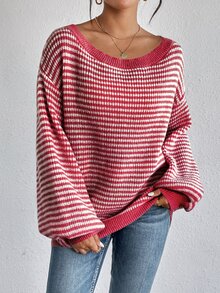 SHEIN LUNE Women's Striped Printed Turtleneck Pullover Sweater,Long Sleeve Tops,Off The Shoulder Sweater In Fall/Winter,Casual - Multicolor - View 3