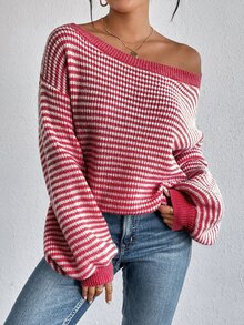 SHEIN LUNE Women's Striped Printed Turtleneck Pullover Sweater,Long Sleeve Tops,Off The Shoulder Sweater In Fall/Winter,Casual - Multicolor - View 6