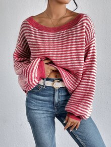 SHEIN LUNE Women's Striped Printed Turtleneck Pullover Sweater,Long Sleeve Tops,Off The Shoulder Sweater In Fall/Winter,Casual - Multicolor - View 4