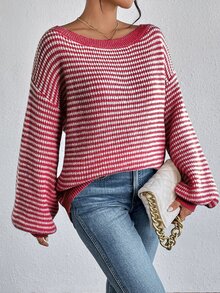 SHEIN LUNE Women's Striped Printed Turtleneck Pullover Sweater,Long Sleeve Tops,Off The Shoulder Sweater In Fall/Winter,Casual - Multicolor - View 7