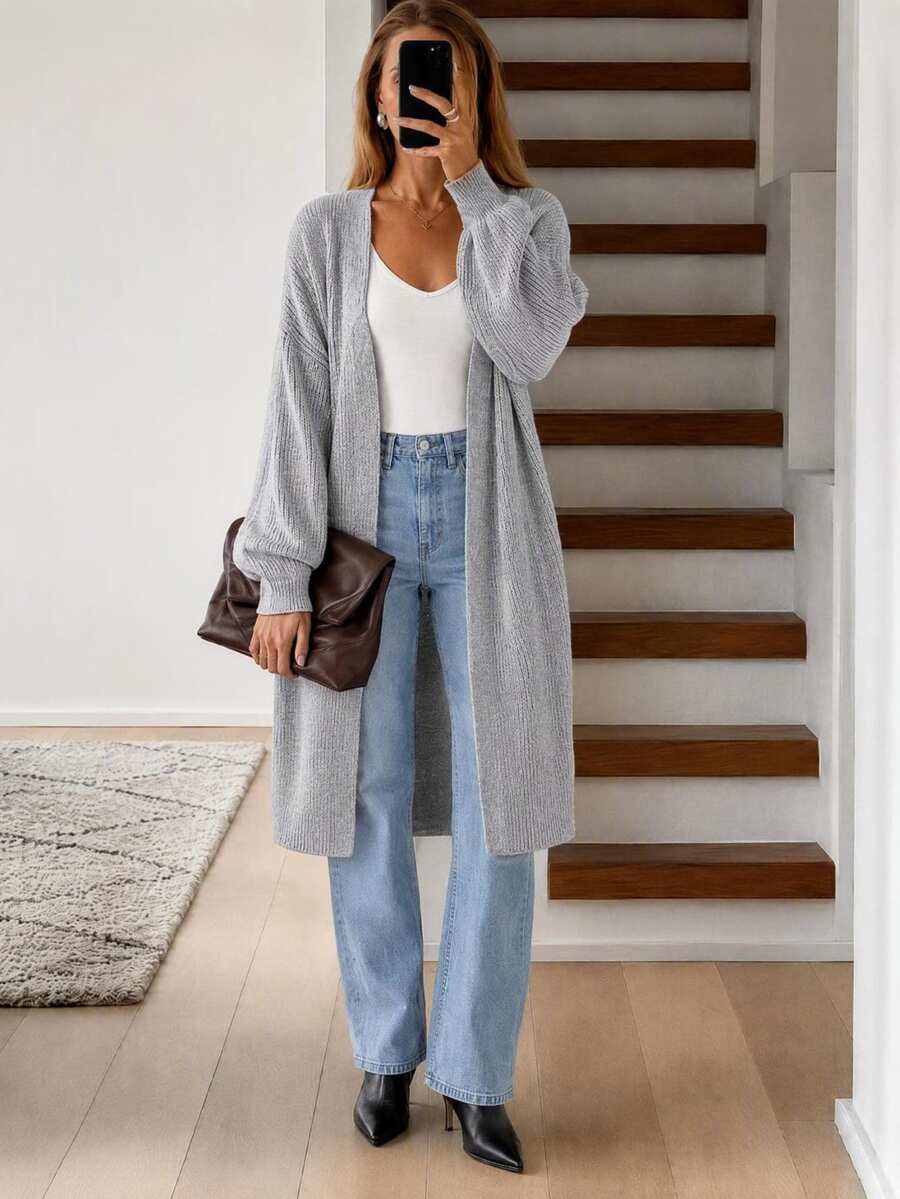 Easowa Drop Shoulder Ribbed Knit Duster Cardigan,Long Sleeve Tops In Autumn/ Brunch Travel Light Grey Casual - Grey - View 1