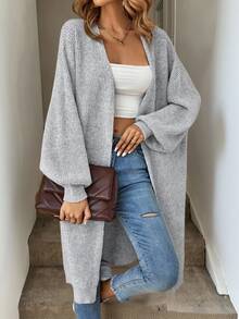 Easowa Drop Shoulder Ribbed Knit Duster Cardigan,Long Sleeve Tops In Autumn/ Brunch Travel Light Grey Casual - Grey - View 8