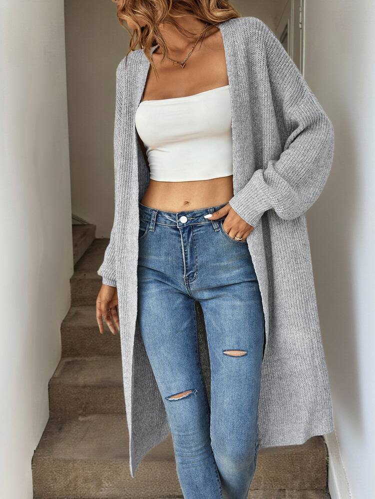 Easowa Drop Shoulder Ribbed Knit Duster Cardigan,Long Sleeve Tops In Autumn/ Brunch Travel Light Grey Casual - Grey - View 9