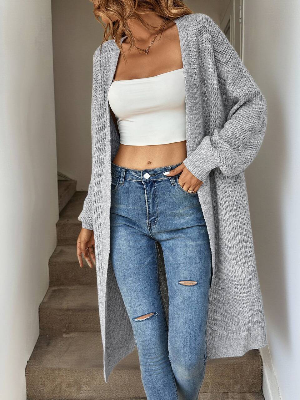 Drop Shoulder Ribbed Knit Duster Cardigan,Long Sleeve Tops In Autumn/ Brunch Travel Light Grey Casual