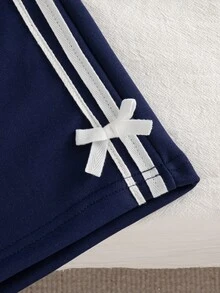 SHEIN 2件組女孩休閒運動風連帽拉鍊外套，字母刺繡蝴蝶結裝飾，長袖直筒褲，側邊織帶，7歲生日白色秋季款 - 藏蓝色 - 查看 7