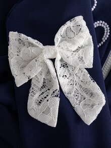 SHEIN 2件組女孩休閒運動風連帽拉鍊外套，字母刺繡蝴蝶結裝飾，長袖直筒褲，側邊織帶，7歲生日白色秋季款 - 藏蓝色 - 查看 8