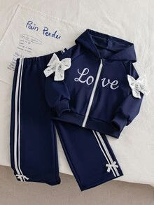 SHEIN 2件組女孩休閒運動風連帽拉鍊外套，字母刺繡蝴蝶結裝飾，長袖直筒褲，側邊織帶，7歲生日白色秋季款 - 藏蓝色 - 查看 6