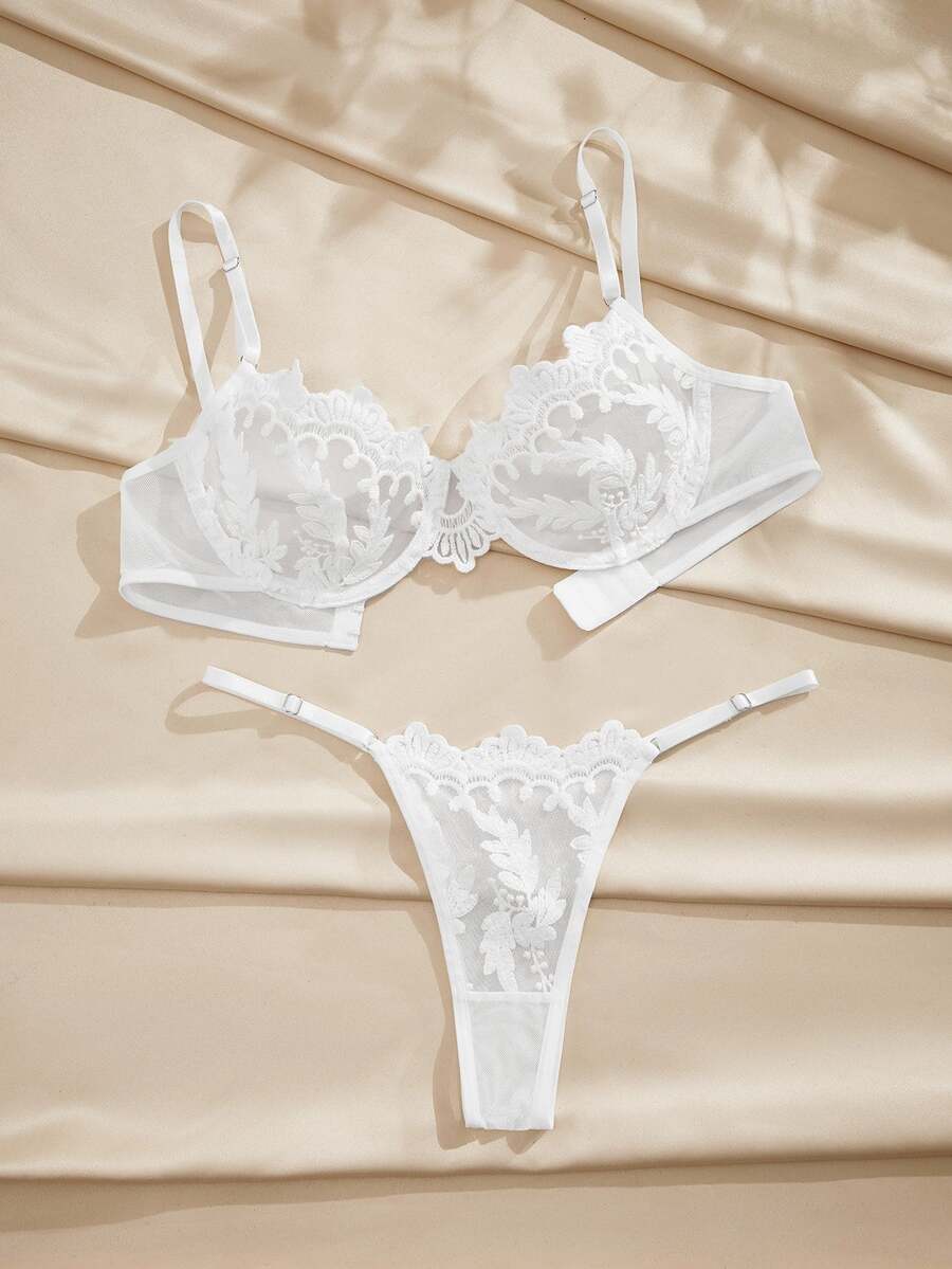 Charlaine Embroidery Sheer Mesh Underwire Lingerie Set Bridallingerie - White - View 1