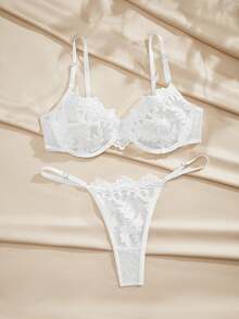 Charlaine Embroidery Sheer Mesh Underwire Lingerie Set Bridallingerie - White - View 5