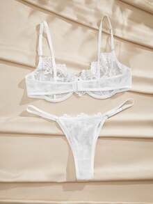 Charlaine Embroidery Sheer Mesh Underwire Lingerie Set Bridallingerie - White - View 2
