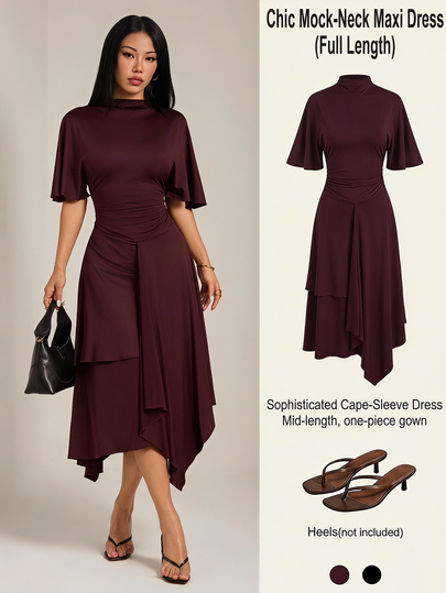 SHEIN PETITE Women's Petite Burgundy Midi Dress With Asymmetric Hem, Cape Sleeves, And Fitted Waist