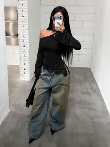 SHEIN EZwear 新款優雅性感通勤百搭蕾絲拼接不對稱肩喇叭袖收腰黑色T恤，適合萬聖節、夜店、秋季 - 黑色 - 查看 5