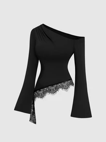 SHEIN EZwear 新款優雅性感通勤百搭蕾絲拼接不對稱肩喇叭袖收腰黑色T恤，適合萬聖節、夜店、秋季 - 黑色 - 查看 7