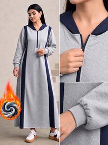 Graceveil Contrast Panel Hooded Dress Formal Home Wear Grey Winter Modest Casual - Grey - View 10