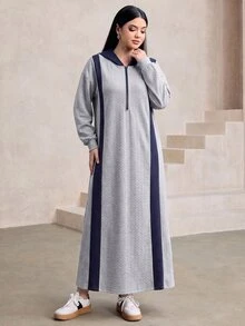 Graceveil Contrast Panel Hooded Dress Formal Home Wear Grey Winter Modest Casual - Grey - View 8